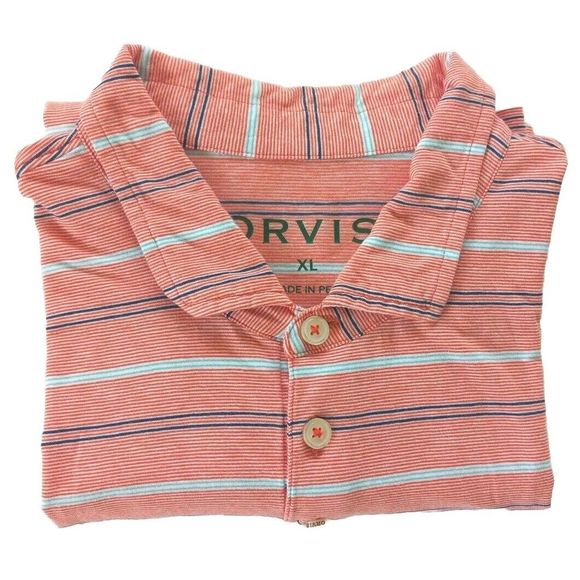 ORVIS Men's Short Sleeve Button Up Polo Size X-LARGE Checked‎ Orange - Picture 2 of 10